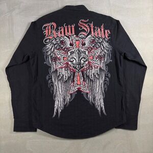Raw State Mens Button Down Shirt Large Black Winged Cross Fleur De Lis Y2K MMA
